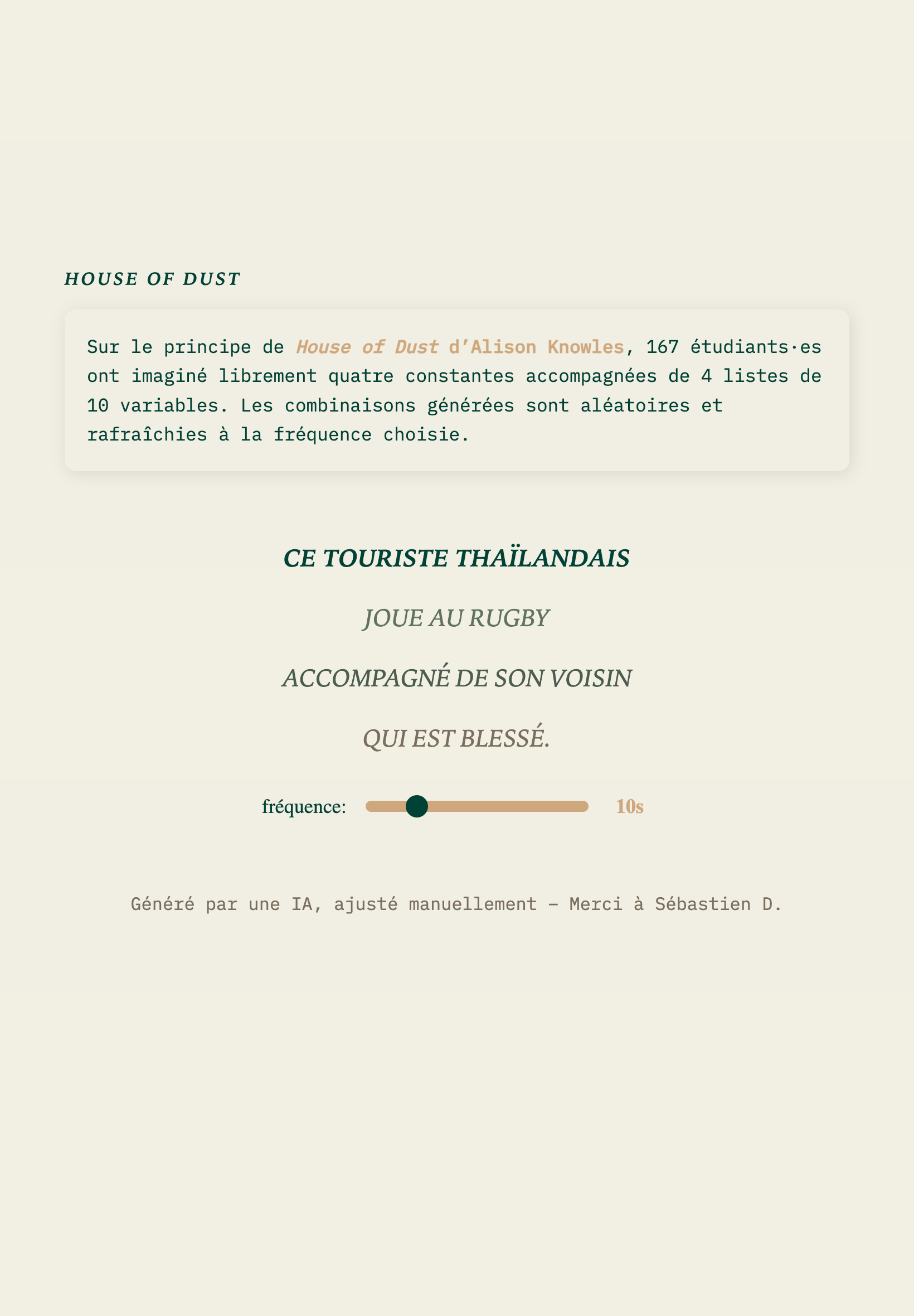 Page beige avec un titre 'House of Dust' suivi d'un paragraphe d'introduction encadrée par une ombre portée suivi de morceaux de phrases aligné au centre de la page suivi d'une barre qui permet de changer la fréquence à la quelle les phrases changent et suivi de crédits pour l'IA.